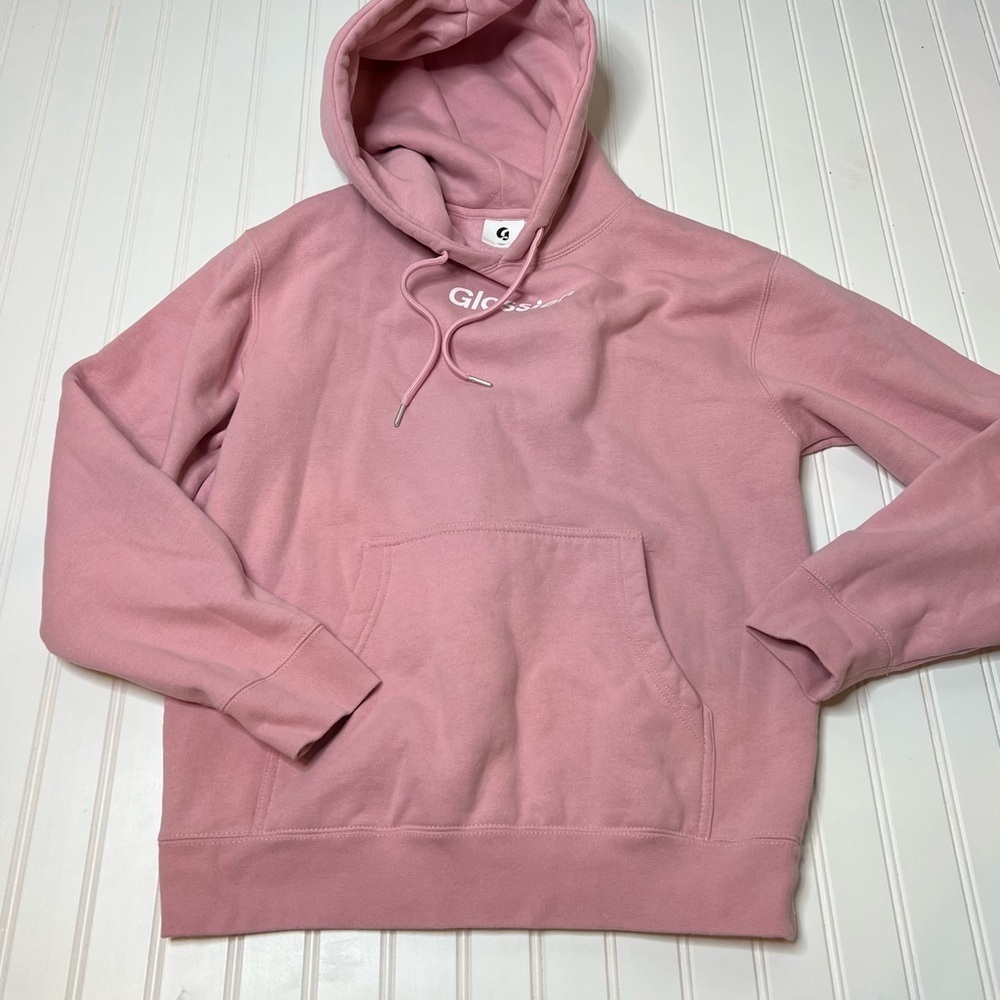 Glossier Hoodie Women's Small Pink Pullover Sweatshirt. 293